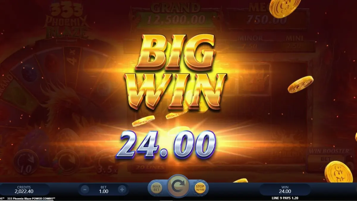 333 Phoenix Blaze Power Combo slot game interface sa isang mobile device