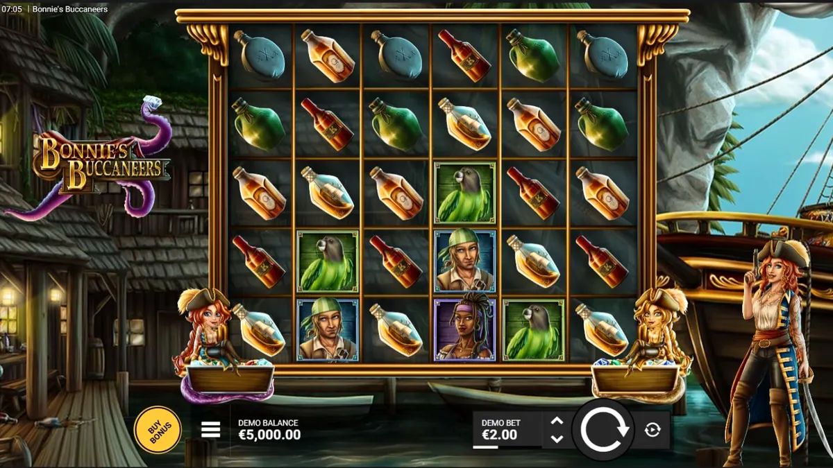 Bonnie’s Buccaneers slot game interface na may pirate theme at treasure chests