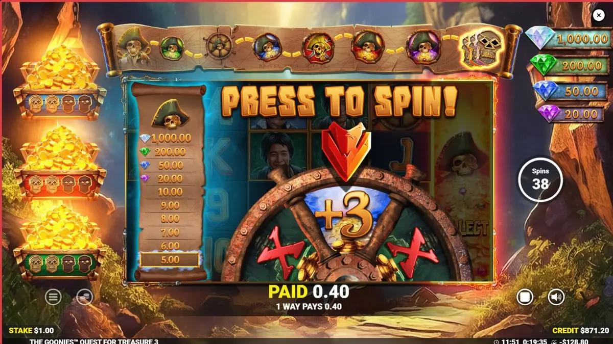 The Goonies Quest for Treasure 3 slot game interface featuring iconic characters and treasure map background